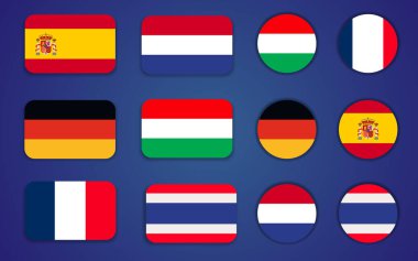 Macaristan, Fransa, Almanya, İspanya, Hollanda, Tayland 'dan Icon Avrupa Bayrakları. Vektör İllüstrasyonu