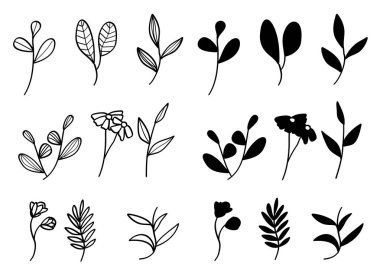 Doğa Yaprakları Bitki ve Çiçek El Çizgisi ve Siluet Toplama Elementi Seti. Vektör İllüstrasyonu