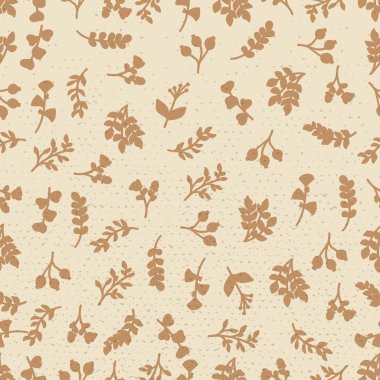 Yapraklar, dallar ve böğürtlenler gibi çeşitli botanik elementlerden oluşan küçük, dağınık siluetler içeren kusursuz bir vektör deseni..