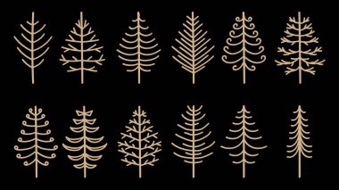 Soyut Noel Ağaçları Altın Vintage El Koleksiyonu. Vektör İllüstrasyonu