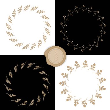 Altın Botanik Dairesel Sınır Dekoratif Element Vintage Çelenk Koleksiyonu. Vektör İllüstrasyonu