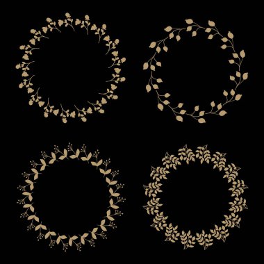 Botanik Altın Dairesel Sınır Dekoratif Element Vintage Çelenk Paketi. Vektör İllüstrasyonu
