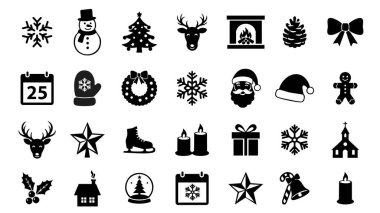 Noel Simgeleri Kara Siluet Toplama Tatil Elementlerini Ayarladı. Vektör Paketi