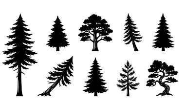 Siluet Ağaçları Orman Koleksiyonu El Çizimi Doğa Elementleri. Vektör Paketi