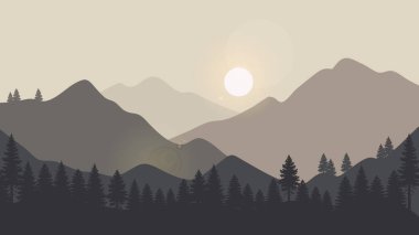 Manzara Dağları Çizimi Gri ve Siluet Çam Ağacı Akşam. Vektör Görünümü