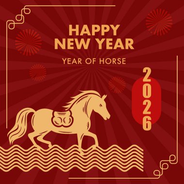 Mutlu yıllar 2026 At Sosyal Medya Postası tebrik kartı yılı. Güneş patlaması ve havai fişeklerle. Vektör İllüstrasyonu