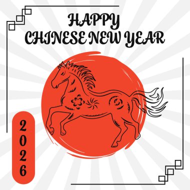 El Çizimi At Mutlu Çin Yeni Yılı 2026 Geleneksel Sınır Kartı. Vektör İllüstrasyonu