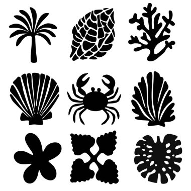 Siluet Tropikal Deniz Doğa Dekoratif Koleksiyonu. Vektör İllüstrasyonu