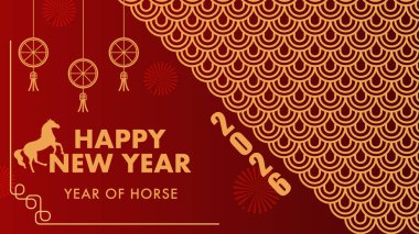 Yeni Yılınız kutlu olsun At 2026 Typography Greeting Banner with Lantern Horse Firework and Chinese Waves Destern. Vektör Tasarımı