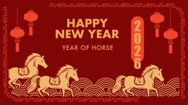 Mutlu yıllar, At Kutlama Yılı 2026 Çin Lunar Zodiac Kutlaması. Vektör İllüstrasyonu