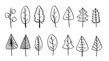 Soyut Noel Ağaçları El yapımı Koleksiyon Taslak Simgeler ve Semboller. Vektör Ayarları