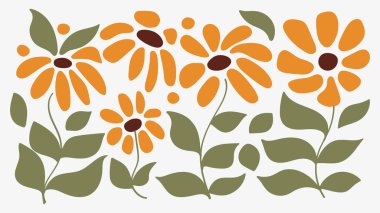 Soyut Boho Çiçekleri El Çizimi Doğanın Arkaplanı Daisy Retro Tarzı. Vektör İllüstrasyonu