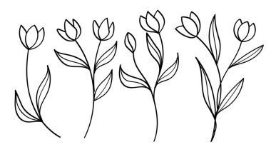 Çiçekler ve Kök Çizgisi Sanat Elleri Koleksiyon Paketi. Vektör İllüstrasyonu