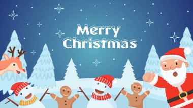 Mutlu Noeller Noel Baba Ren Geyiği Kardan Adam Zencefilli Kış Sahnesi. Vektör Bayrağı