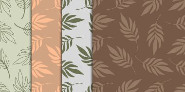 Kusursuz desensiz Kahverengi El Yaprağı Silueti Botanik Dekoratif Eleman Koleksiyonu. Vektör İllüstrasyonu