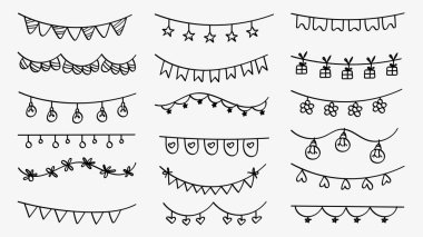 Çeşitli el çizimi karalama ayırıcılardan oluşan koleksiyon seti ve yıldızların, kalplerin ve parti ışıklarının yer aldığı beyaz ve siyah kabataslak şekilli bayraklar.