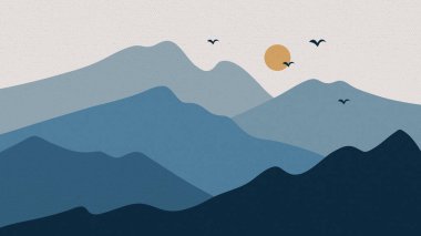 Birds ve Sun Pastel Grunge Doku Çizimi ile Dağlar Manzarası. Vektör İllüstrasyonu