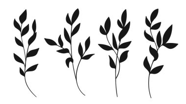 Silhouette Leaves and Tree Branch Line Art Hand Drawn Collection. Vector Illustration