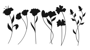 Siluet Çiçekleri Botanik El Çizimi Koleksiyonu. Vektör İllüstrasyonu