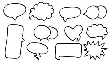 Doodle Comic Speech Baloncuk El Çekim Seti Konuşma Bulutu Elementleri. Vektör İllüstrasyonu