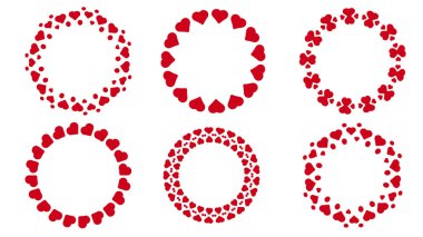 Romantik kırmızı çelenk çerçeveli Hearts Circle Set. Vektör İllüstrasyonu