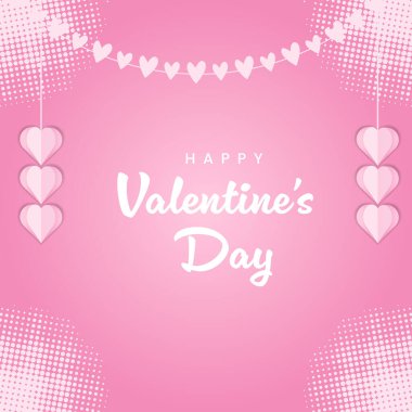 Pembe Sevgililer Günü tebrik kartı arka planında asılı kağıt kesiği kalp, kalp çelengi ve yarım ton desen var..