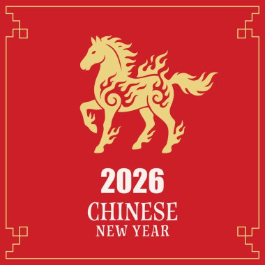 Çin Yeni Yıl 2026 tebrik kartı, dekoratif sınırları olan kırmızı bir arka planda altın ateş atı silueti var..