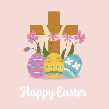 Çiçek ve yumurtalarla Paskalya Gününüz kutlu olsun Hıristiyan Haçı. Vektör İllüstrasyonu