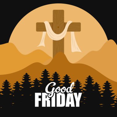 İyi Cuma günleri, güneşin batışına karşı çam ağacı siluetleriyle bir dağın tepesinde beyaz bez parçasıyla ahşap bir haçın yer aldığı illüstrasyonla karşılaşıyoruz.