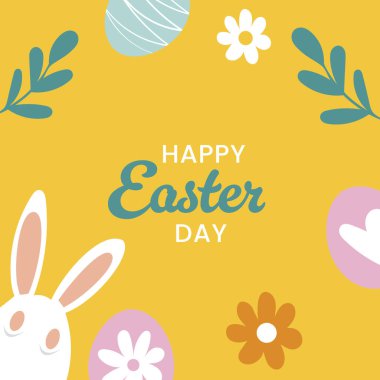 Paskalya kutlamasında köşeden bakan sevimli beyaz bir tavşan parlak sarı arka planda süslü yumurtalar ve çiçeklerle karşılanıyor..