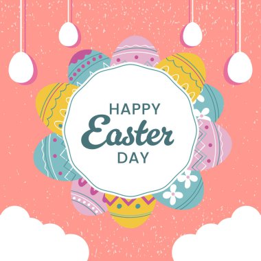 Mutlu Paskalyalar Dairesel Yumurtalar ve Bulutlar. Vektör İllüstrasyonu