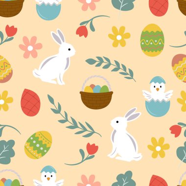 Paskalya desensiz beyaz tavşanları, yumurtadan çıkan civcivleri, yumurta sepetlerini ve ılık krema arka planında renkli çiçekleri gösteren çizimler..