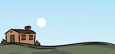 Mavi gökyüzü ve şirin çizgi film tarzında güneşli yeşil tepeli küçük bir kulübenin renkli çizimi