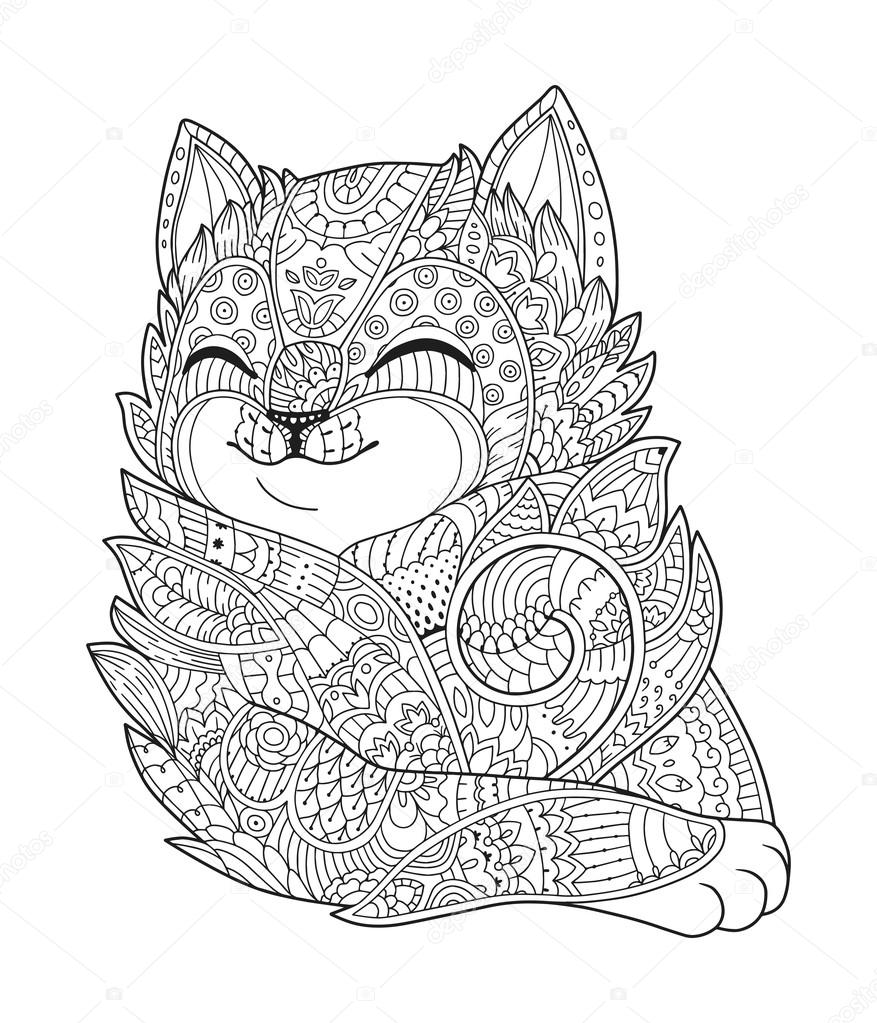 Pluizig Kat Handgetekende Portret In De Stijl Van De Zentangle Voor