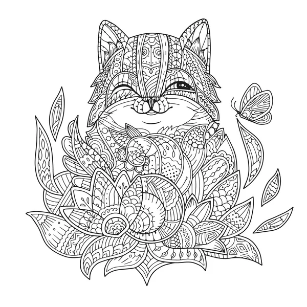 Zentangle stylizované kočka v květy s motýl — Stockový vektor