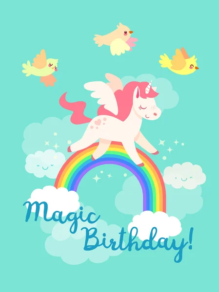 Happy birthday card with flying Unicorn in vector - Stok Vektor