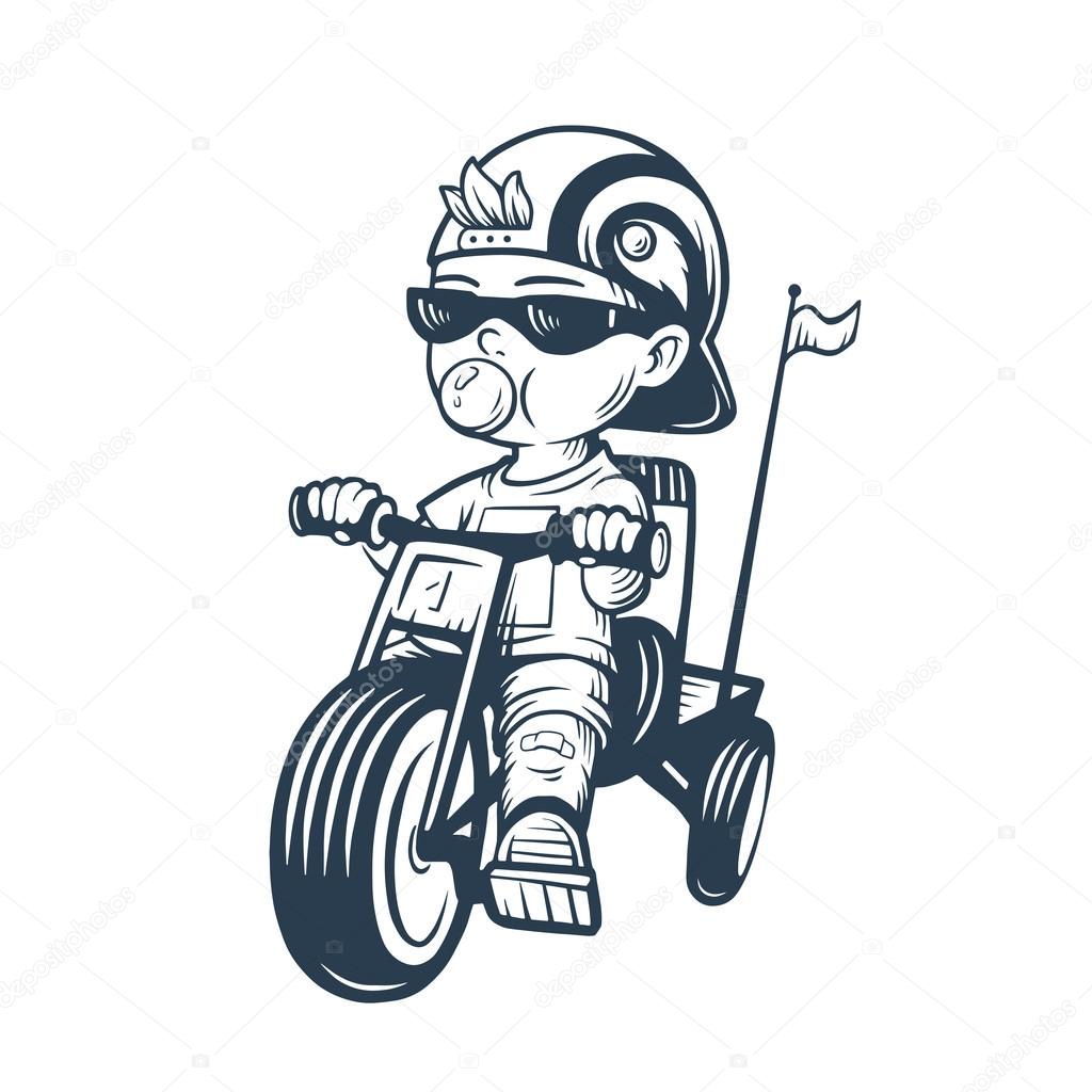 Cool little boy on bike with gum bubble. Toddler in cap riding tricycle. Vector illustration for t-shirt prints, logos, children products. Coolness.