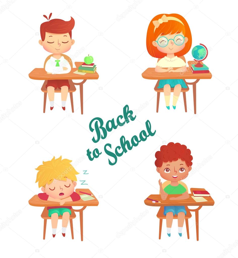 Back to school children vector set on white background. Cute cartoon pupil  sitting at desk with books, notebooks, globe, apple. Kids study in class  isolated. Sleeping schoolboy. Stock Vector by ©Ksania 116929576, image size:945x1024