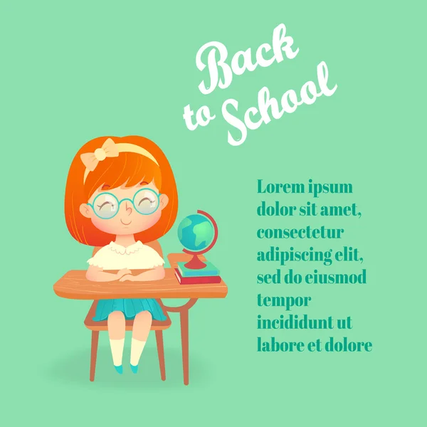 Back to school flyer template with schoolgirl in vector. Happy cartoon excellent pupil in glasses sitting at desk with books and globe. Kid study in class. Redheaded girl. — Stock Vector