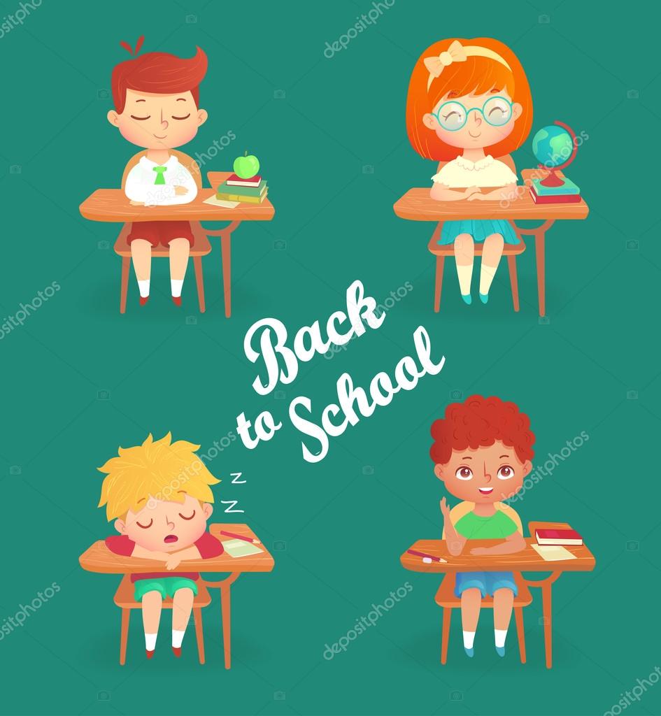 Back To School Children Vector Set Cute Cartoon Pupil Sitting At