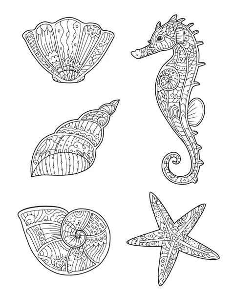 Felnőtt színező oldal tengeri kagylókból, csikóhal és tengeri csillag zentangle stílusban — Stock Vector