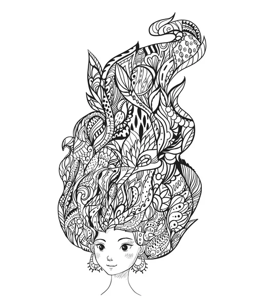 Portrait d'une fille pour adulte livre de coloriage anti-stress — Image vectorielle