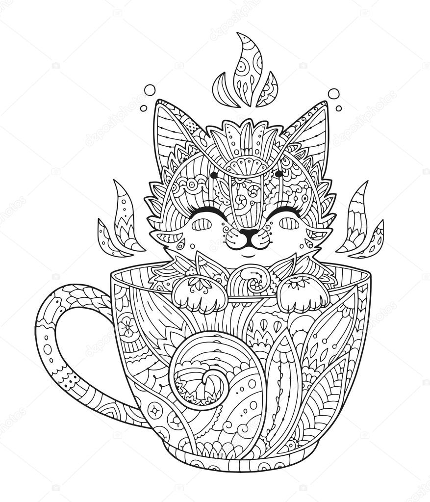 Chaton dans une tasse pour adultes Coloriage anti stress — Image vectorielle