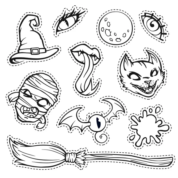 Emblemas de remendo de diferentes atributos de Halloween —  Vetores de Stock