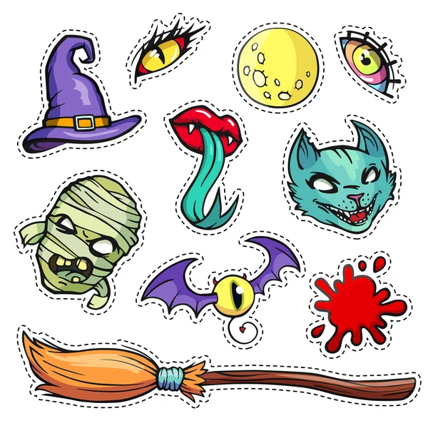 Odznaki patch kolorowe różnych atrybutów Halloween — Wektor stockowy