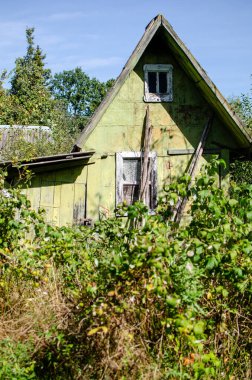 Terk edilmiş eski yeşil ev doğayla kaplı. Düşüş, çürüme ve izolasyon sembolü