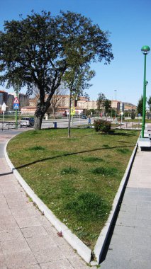 Yeşil bahçeli bir nehir boyunca yürür.