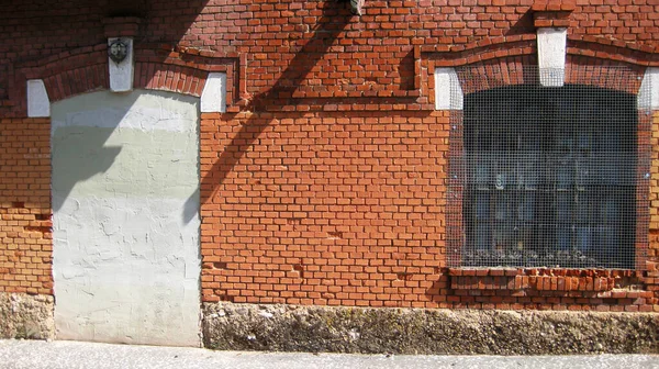 Arrière Plan Porte Fenêtre Briquées Dans Mur Briques — Photo