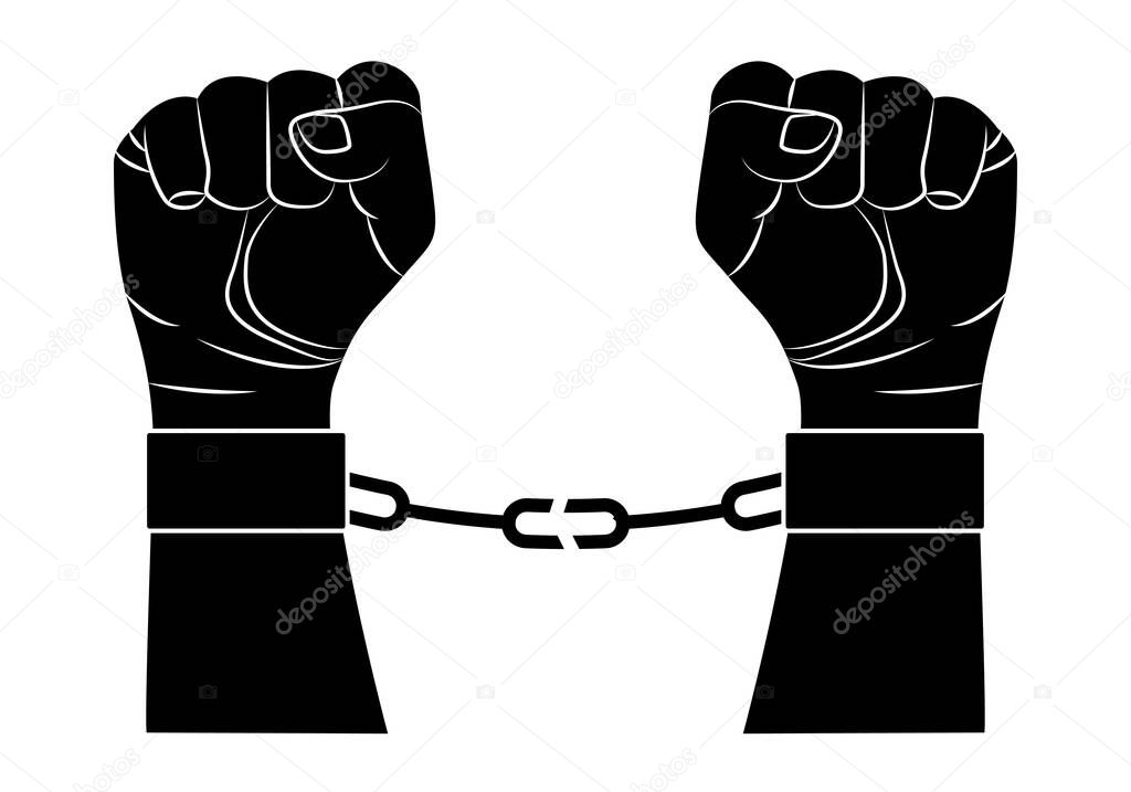 Fists with broken chains on white background.
