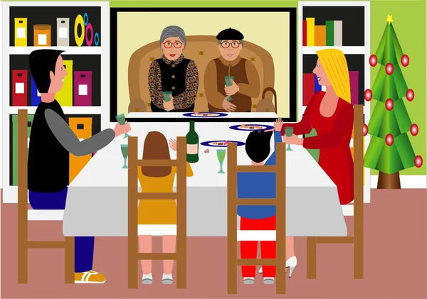 Dîner Noël Avec Les Grands Parents Par Vidéoconférence — Image vectorielle